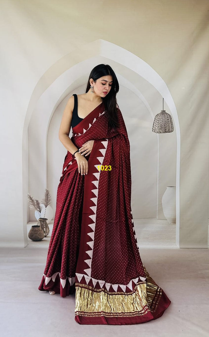 Maroon Bandhani Gold Border Saree